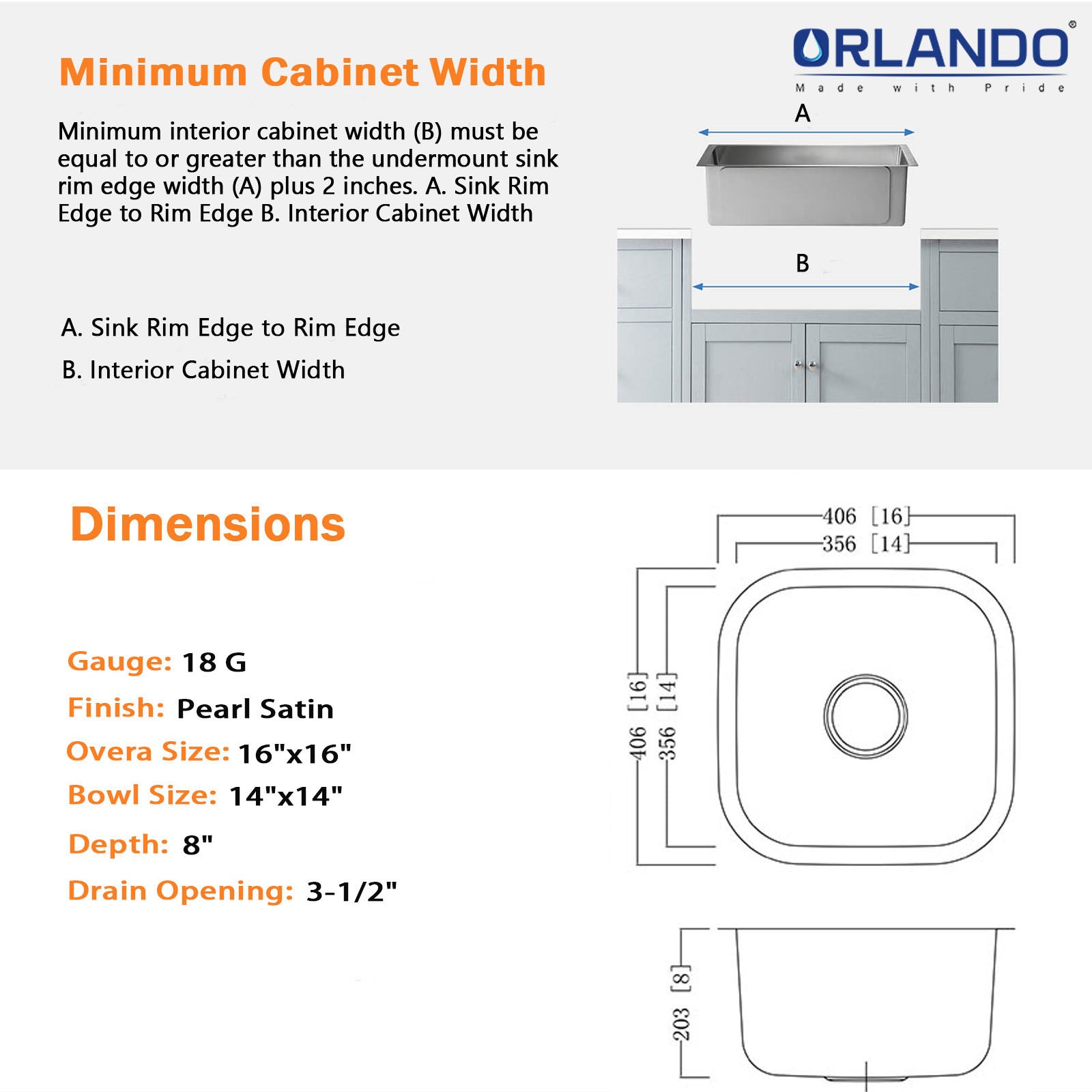 16"x16” Undermount Stainless Steel Single Bowl Kitchen Sink 18 Gauge - Orlando Product
