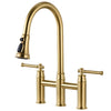 3 hole 2 Handle Bridge Kitchen Faucet with Pull Down Sprayer - Brushed Gold