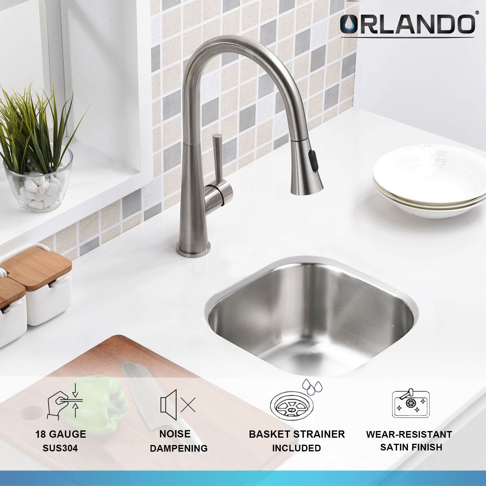 13"x13"x7" Undermount Stainless Steel Single Bowl Kitchen Bar Sink 18 Gauge - Orlando Product