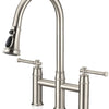3 hole 2 Handle Bridge Kitchen Faucet with Pull Down Sprayer - Brushed Nickel