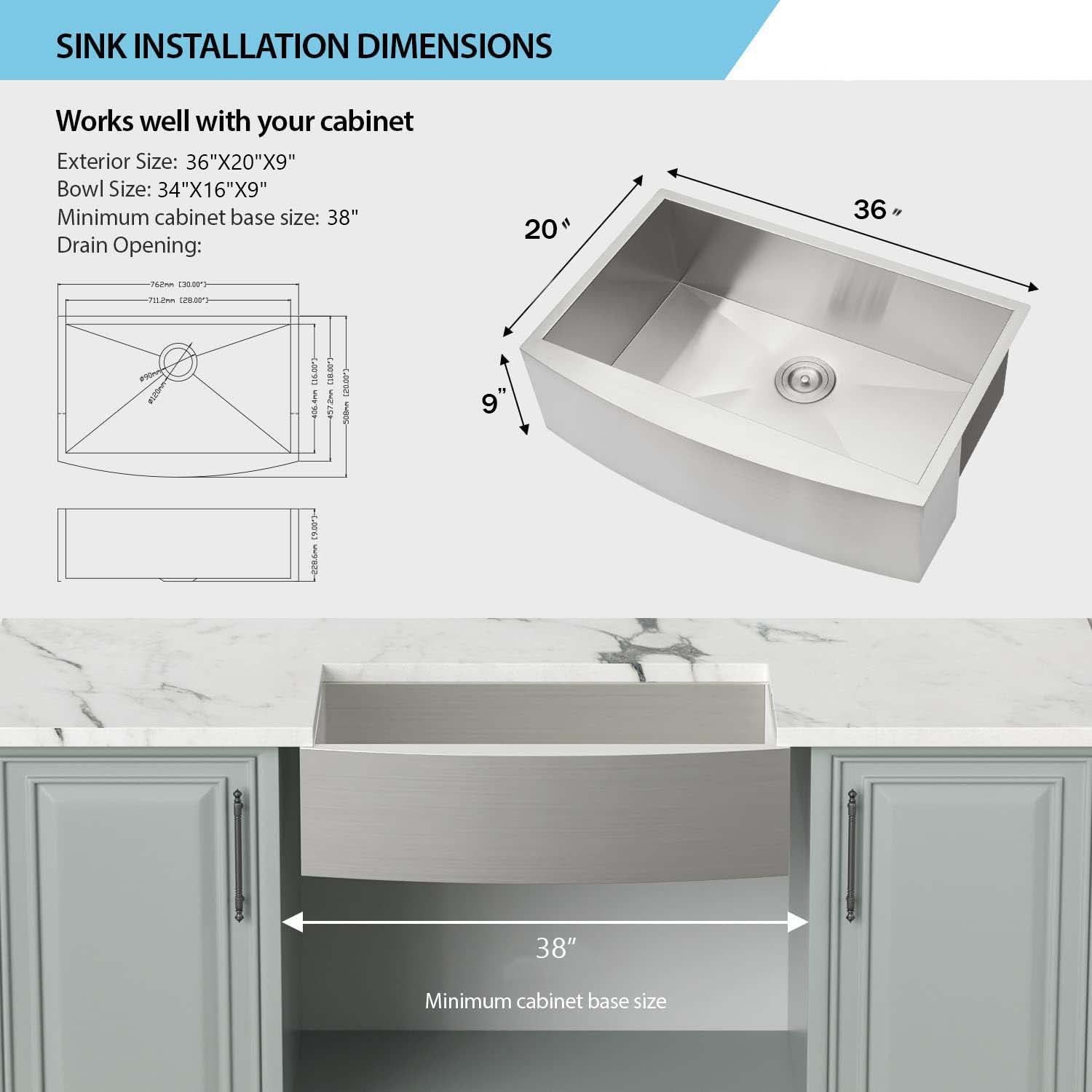 36''x 20''x 9'' Zero radius 16 Gauge Stainless Steel Single Bowl Apron Farm Sink