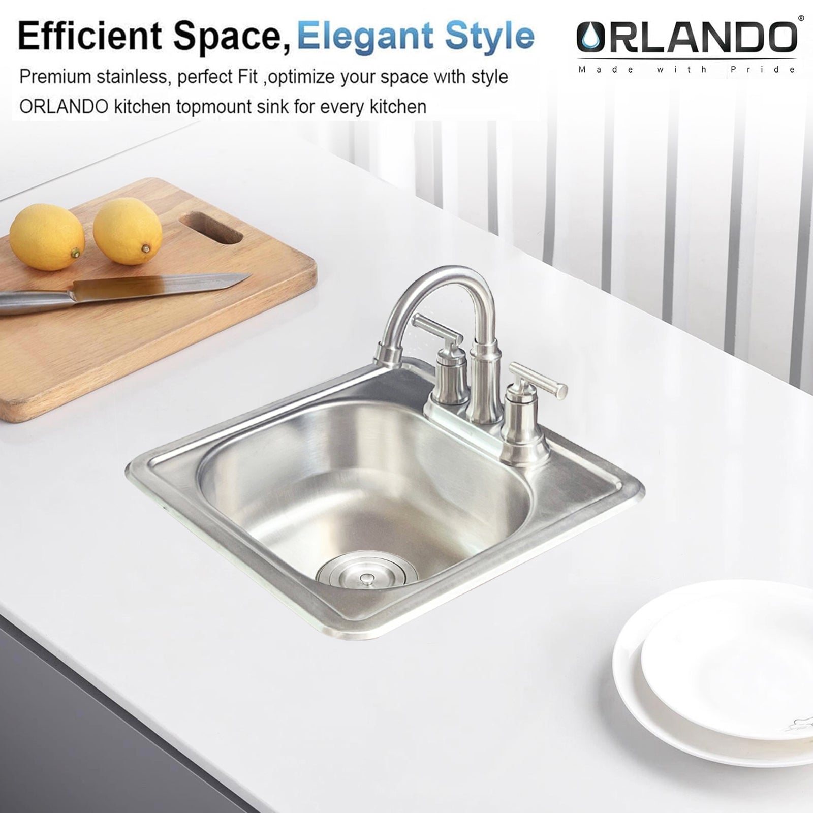 ORLANDO 15 x 15 inch Stainless Steel Drop in kitchen Bar Sink  2-Hole