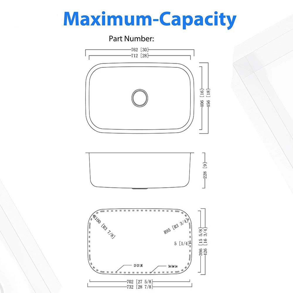 30"x18"x9" Undermount 18 Gauge Stainless Steel Single Bowl Kitchen Sink
