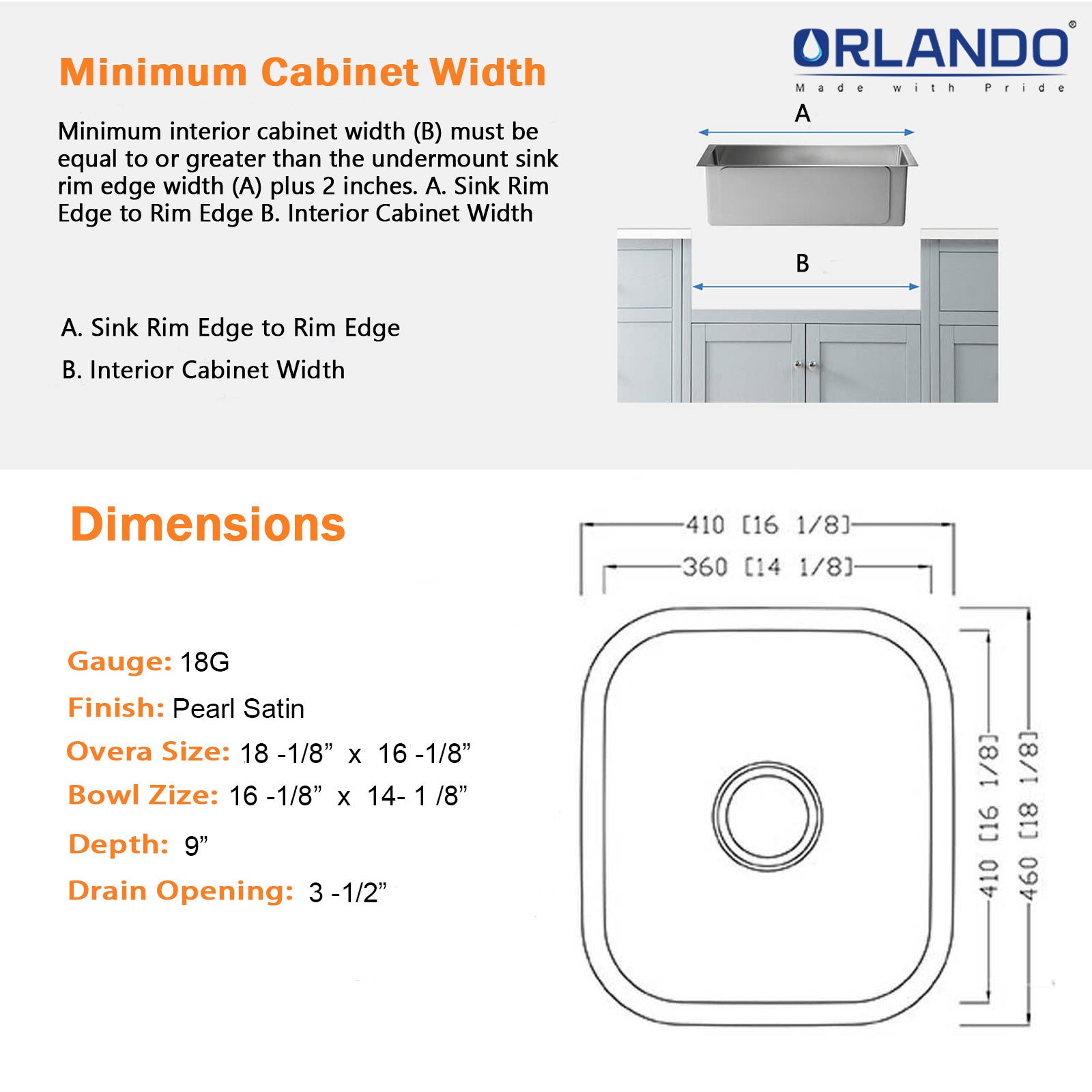 18"x16" Stainless Steel Undermount Single Bowl Kitchen Sink 18 Gauge - Orlando Product