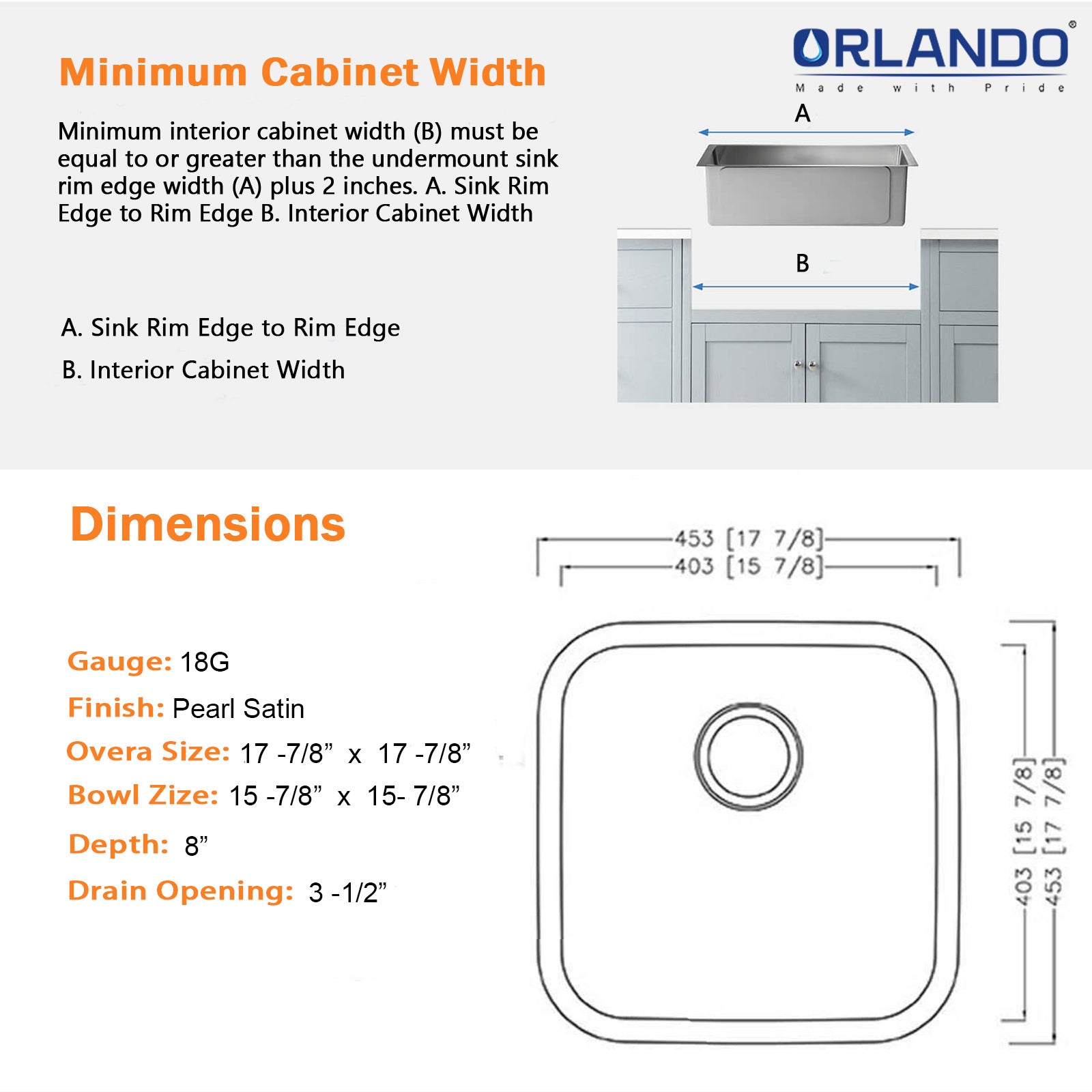 18"x18"x8" Undermount Stainless Steel Single Bowl Kitchen Bar Sink 18 Gauge - Orlando Product