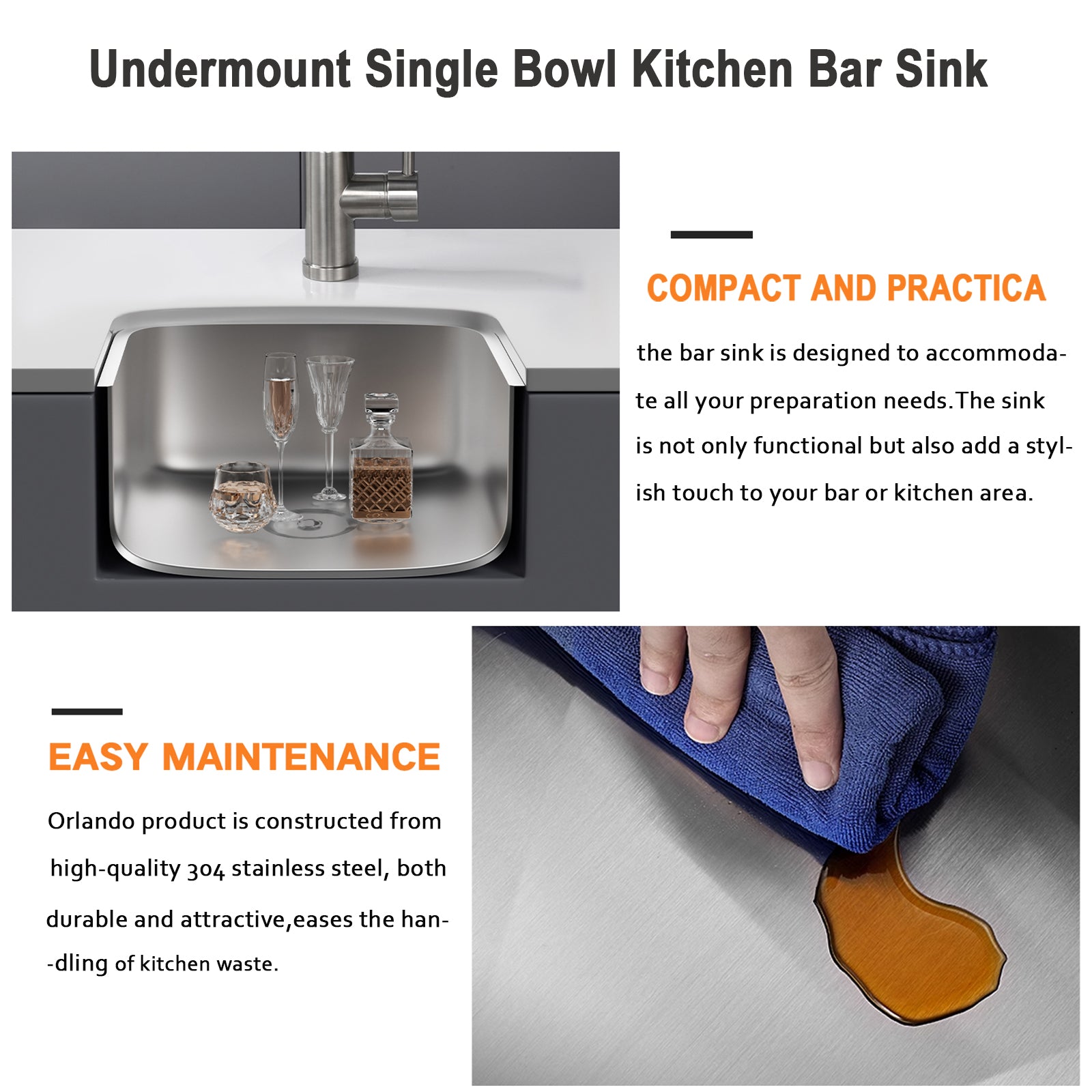 18"x18"x8" Undermount Stainless Steel Single Bowl Kitchen Bar Sink 18 Gauge - Orlando Product