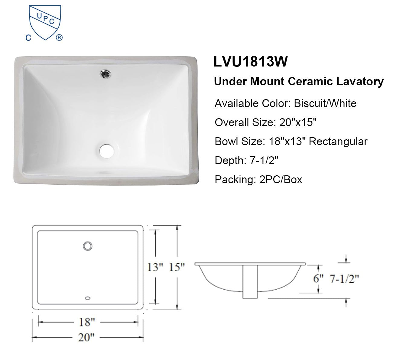 18"x13" Rectangle Ceramic Undermount Bathroom Sink with Overflow - Orlando Product