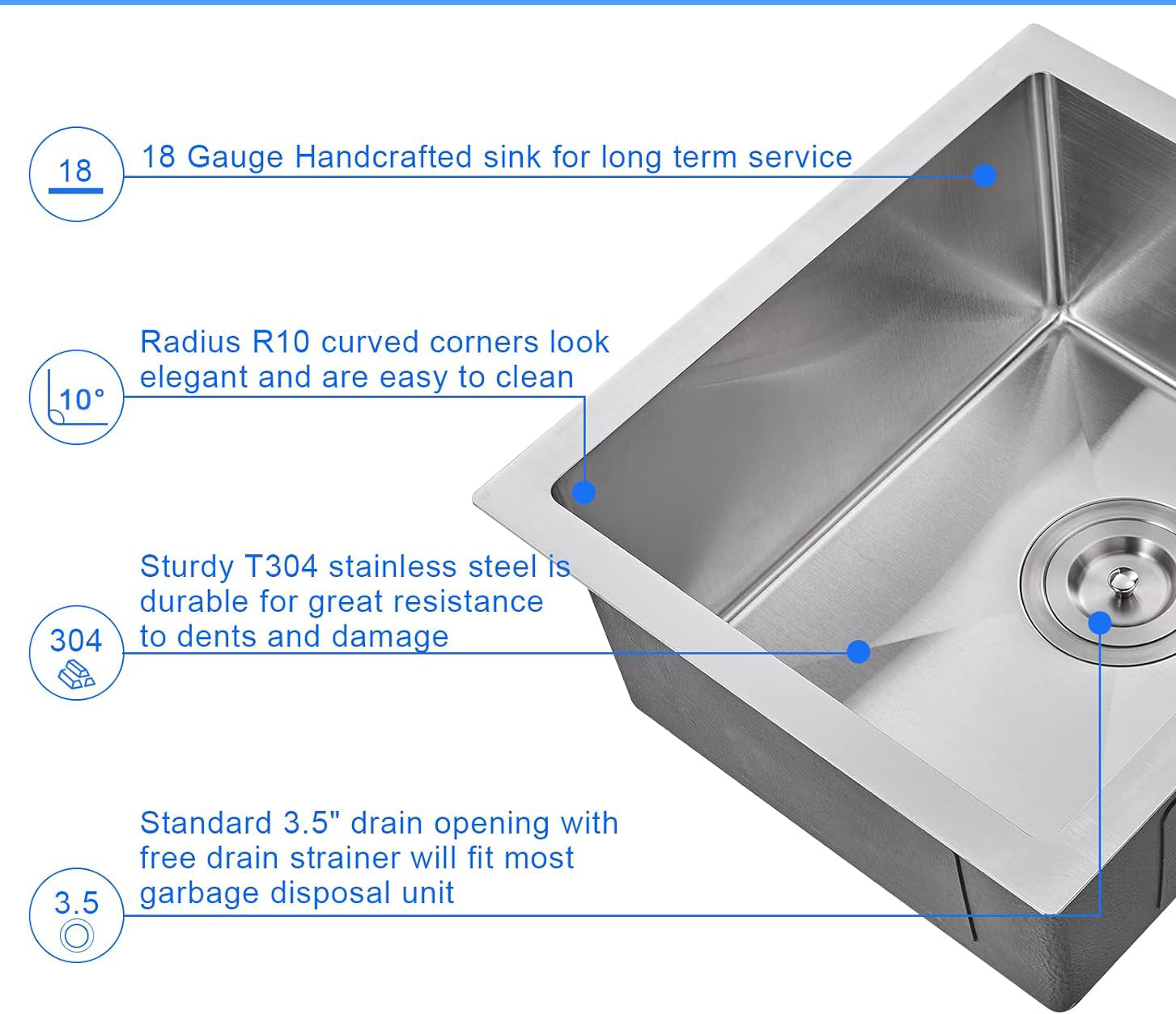 17"x19"x9" Undermount Stainless Steel Finger Radius Single Bowl Kitchen Bar Sink