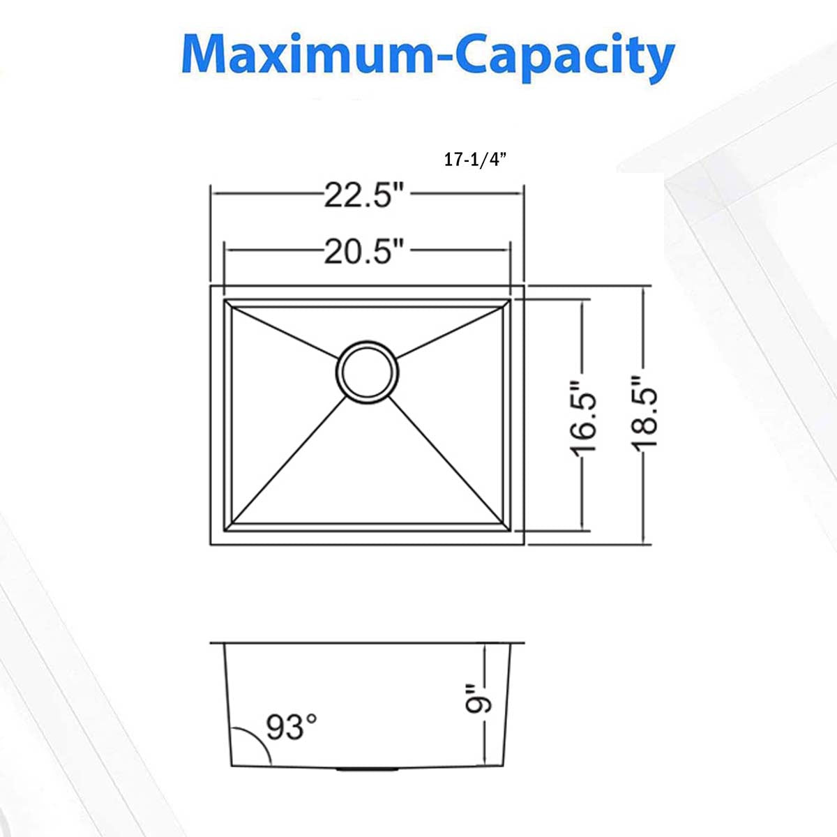 22"x18"x9" Undermount Stainless Steel 93 Degree Sharp Edge Single Bowl Kitchen Sink