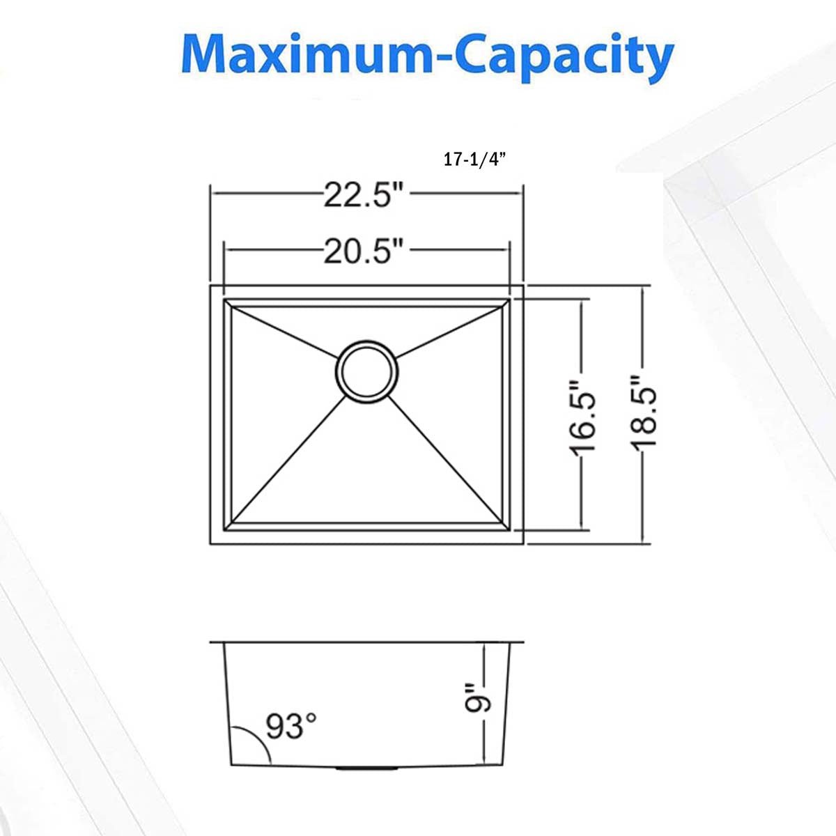 22"x18"x9" Undermount Stainless Steel 93 Degree Sharp Edge Single Bowl Kitchen Sink, 18 Gauge - Orlando Product