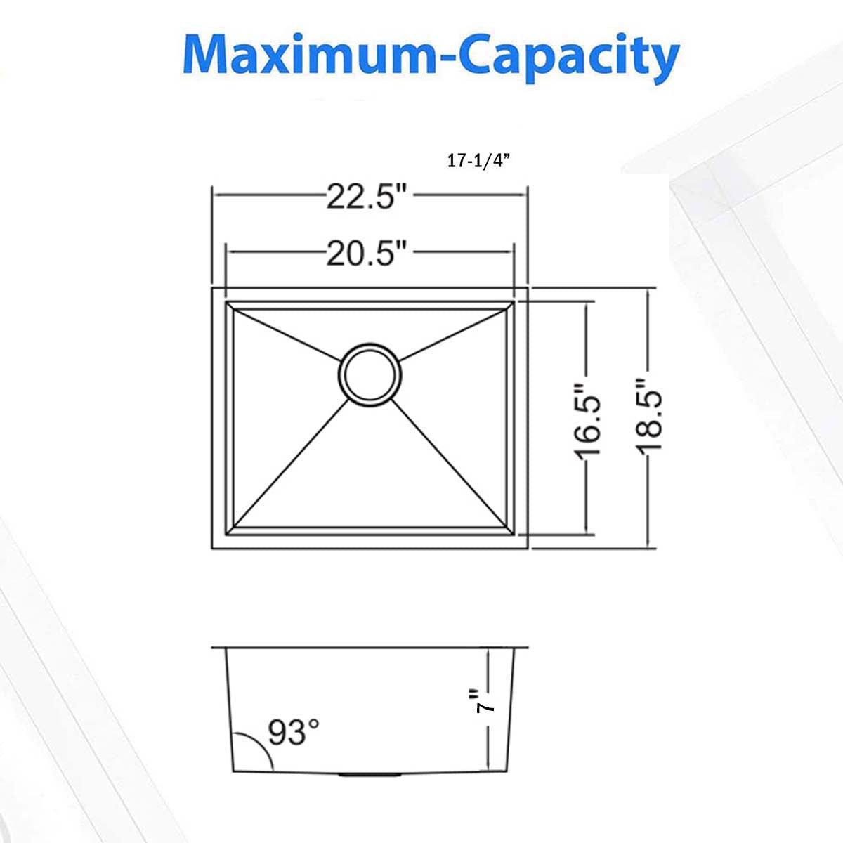 22"x18"x7" ADA Undermount Stainless Steel 93 Degree Sharp Edge Single Bowl Kitchen Sink