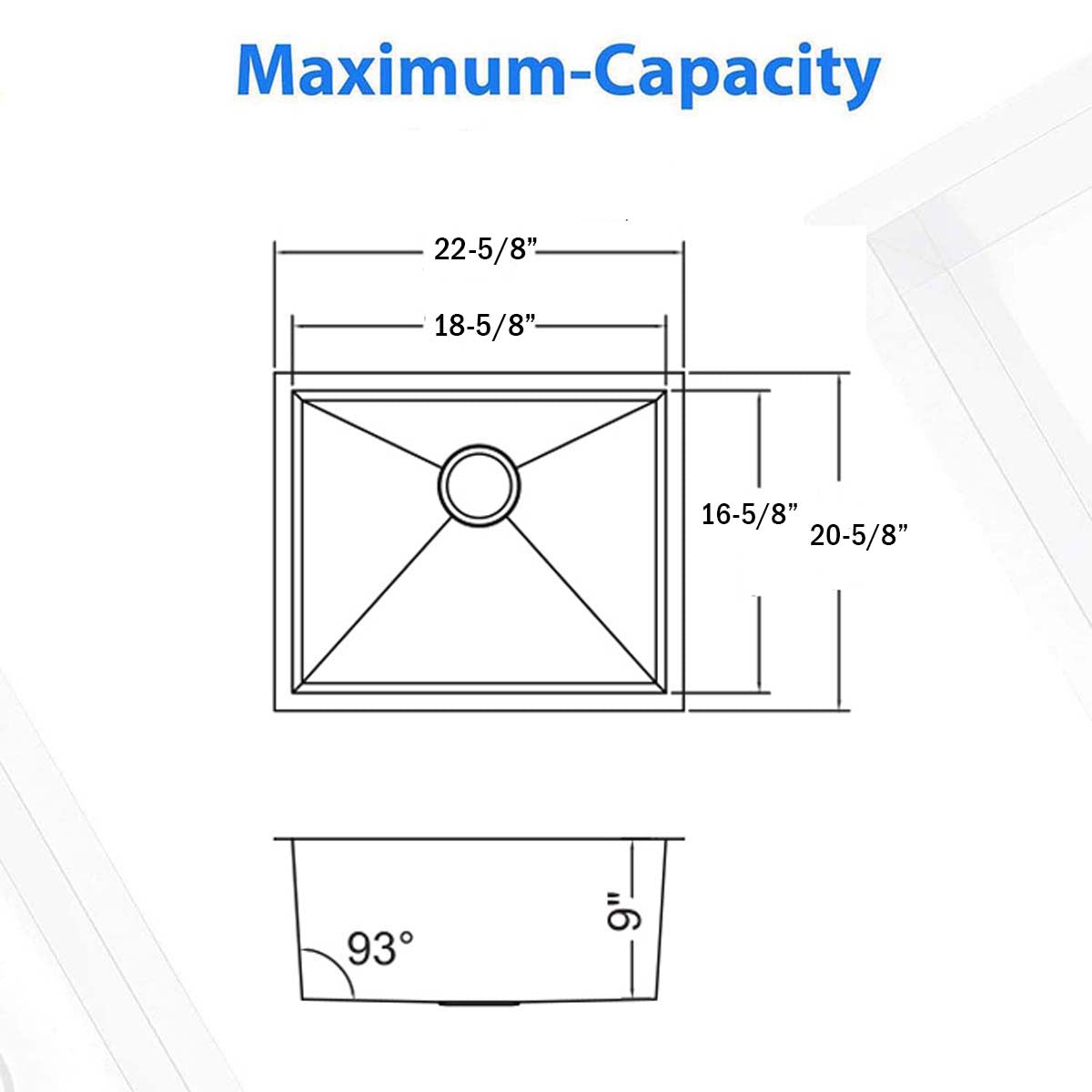 22"x18"x9" Undermount 18 Gauge Stainless Steel Finger Radius Single Bowl Kitchen Sink