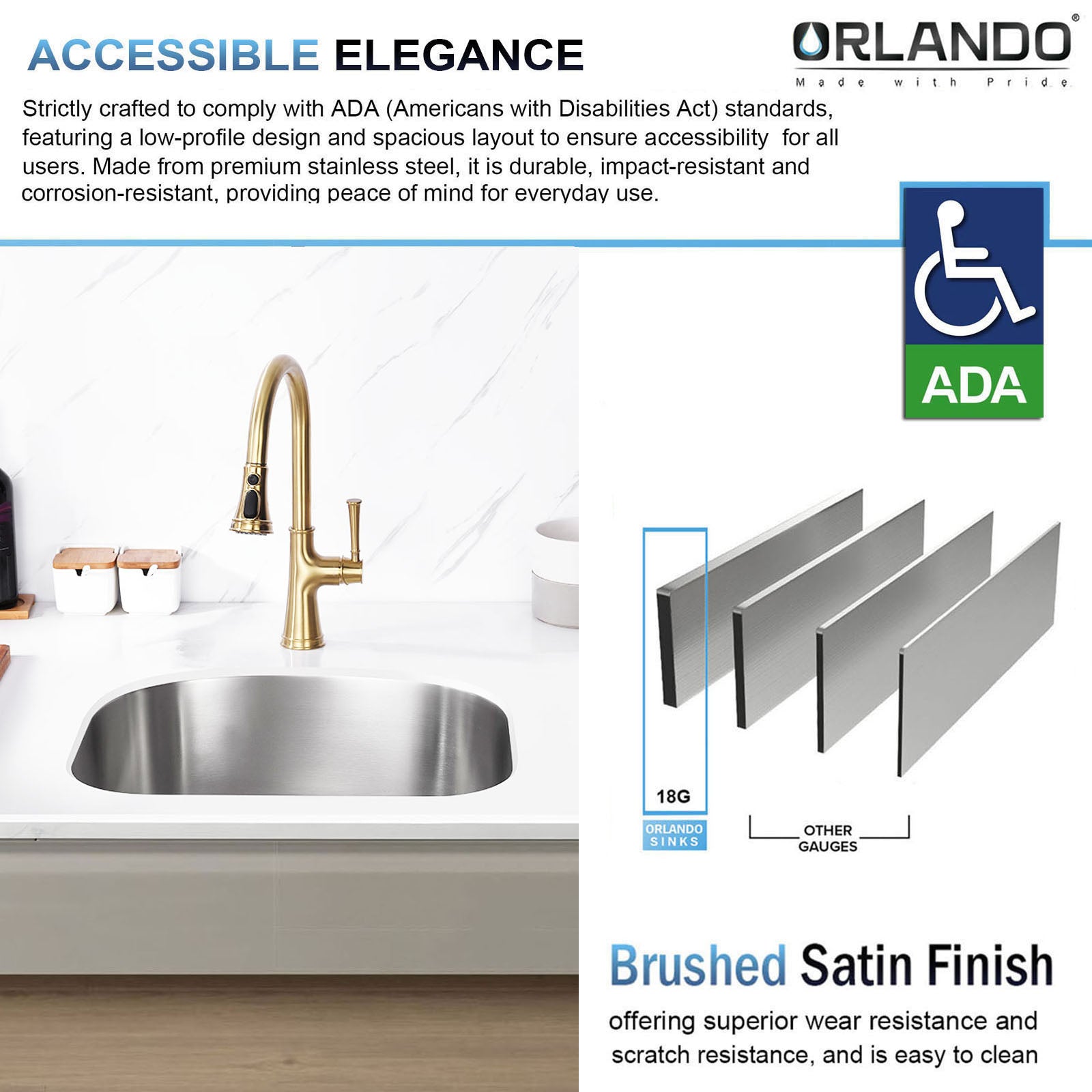 23"x21"x6" Undermount Stainless Steel Single Bowl Kitchen ADA Sink, 18 Gauge - Orlando Product