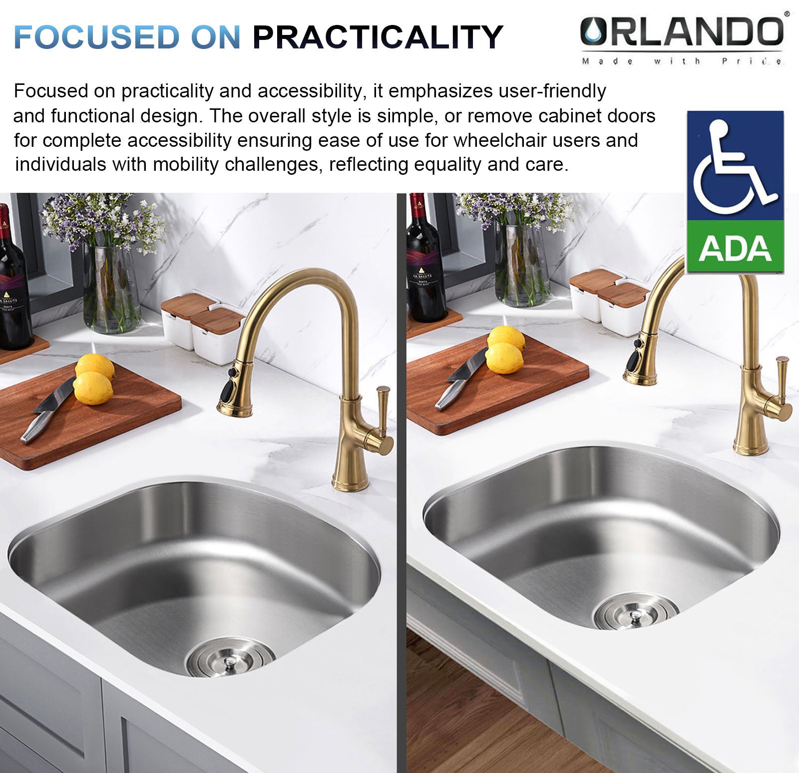 23"x21"x6" Undermount Stainless Steel Single Bowl Kitchen ADA Sink, 18 Gauge - Orlando Product