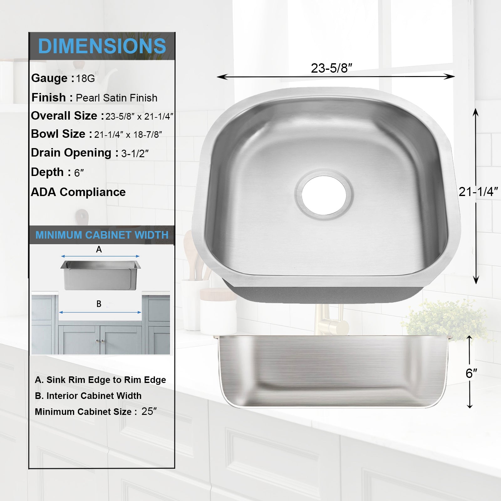 23"x21"x6" Undermount Stainless Steel Single Bowl Kitchen ADA Sink, 18 Gauge - Orlando Product