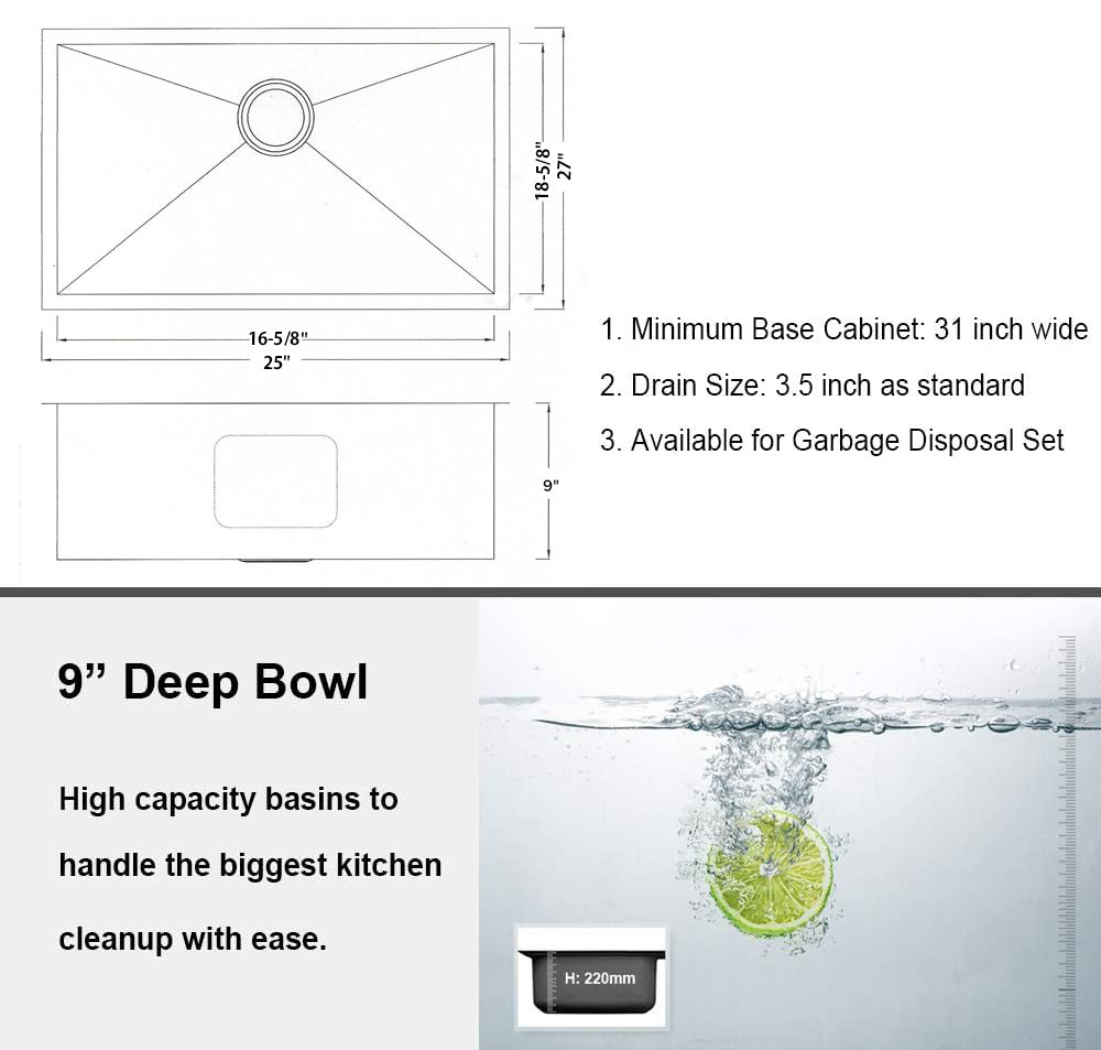 27"x18"x9" Undermount Stainless Steel Finger Radius Single Bowl Kitchen Sink