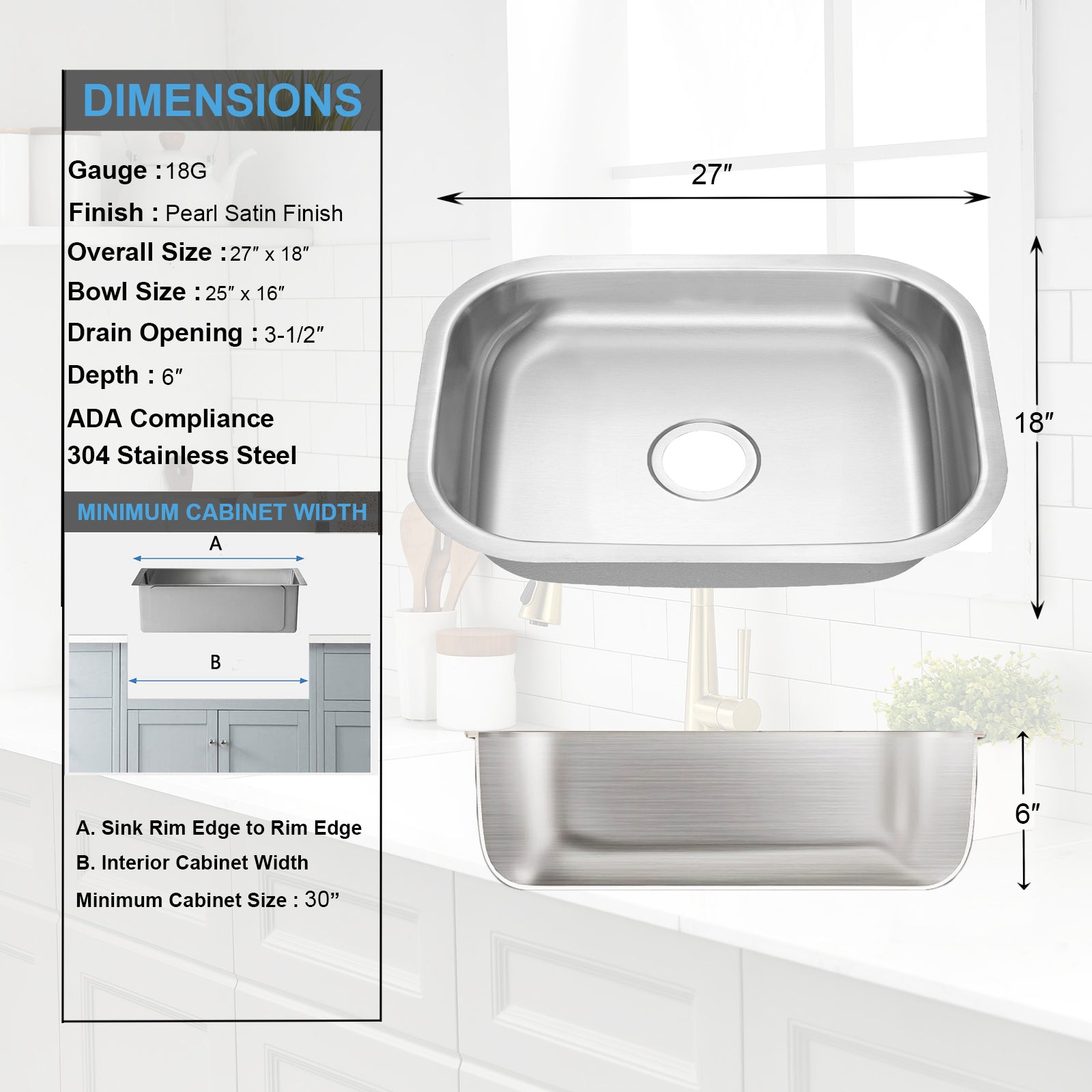 27"x18"x6" Undermount Stainless Steel Single Bowl ADA Compliant Sink, 18 Gauge - Orlando Product
