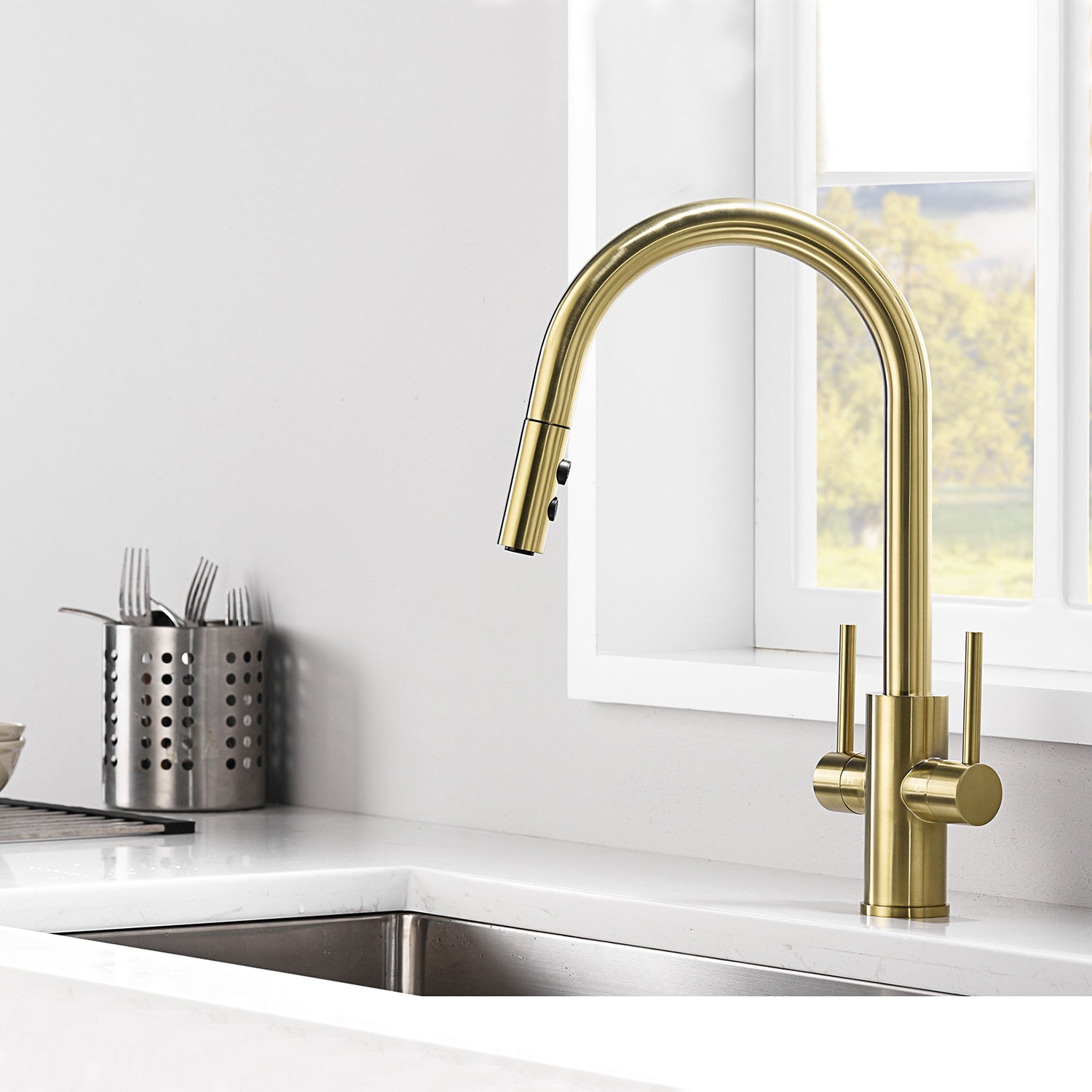 Two Handles Pull Down Sprayer Kitchen Faucet with 2 Function