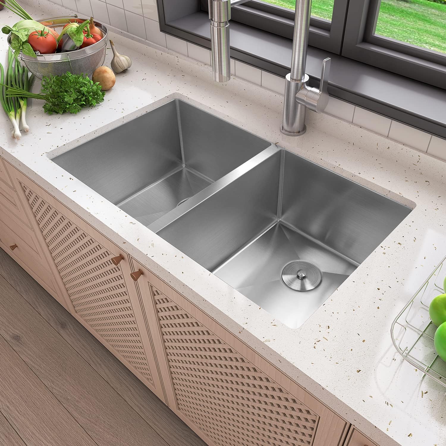 32"x19" Undermount Stainless Steel 50/50 Double Bowl Zero Radius Kitchen Sink, 18 Gauge - Orlando Product