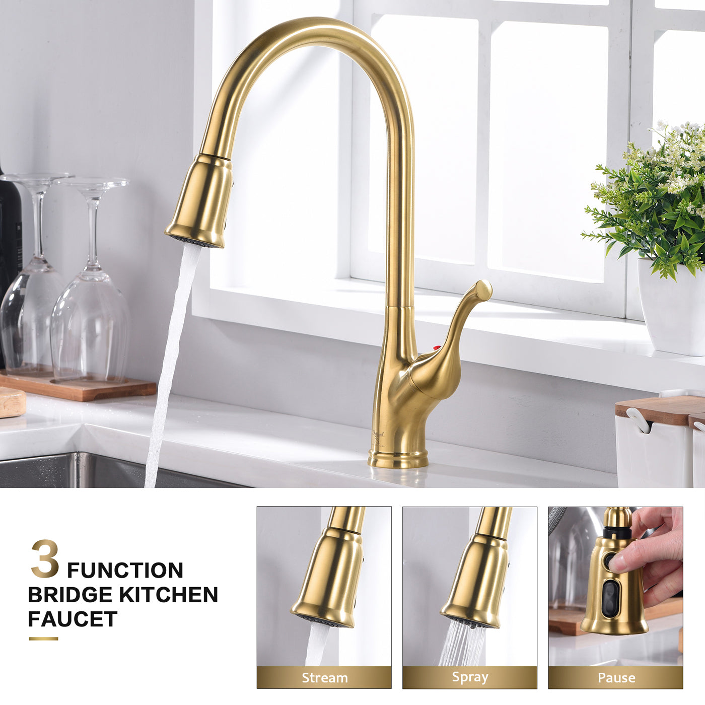 Single Handle Pull Down Sprayer Kitchen Faucet with 3 Function