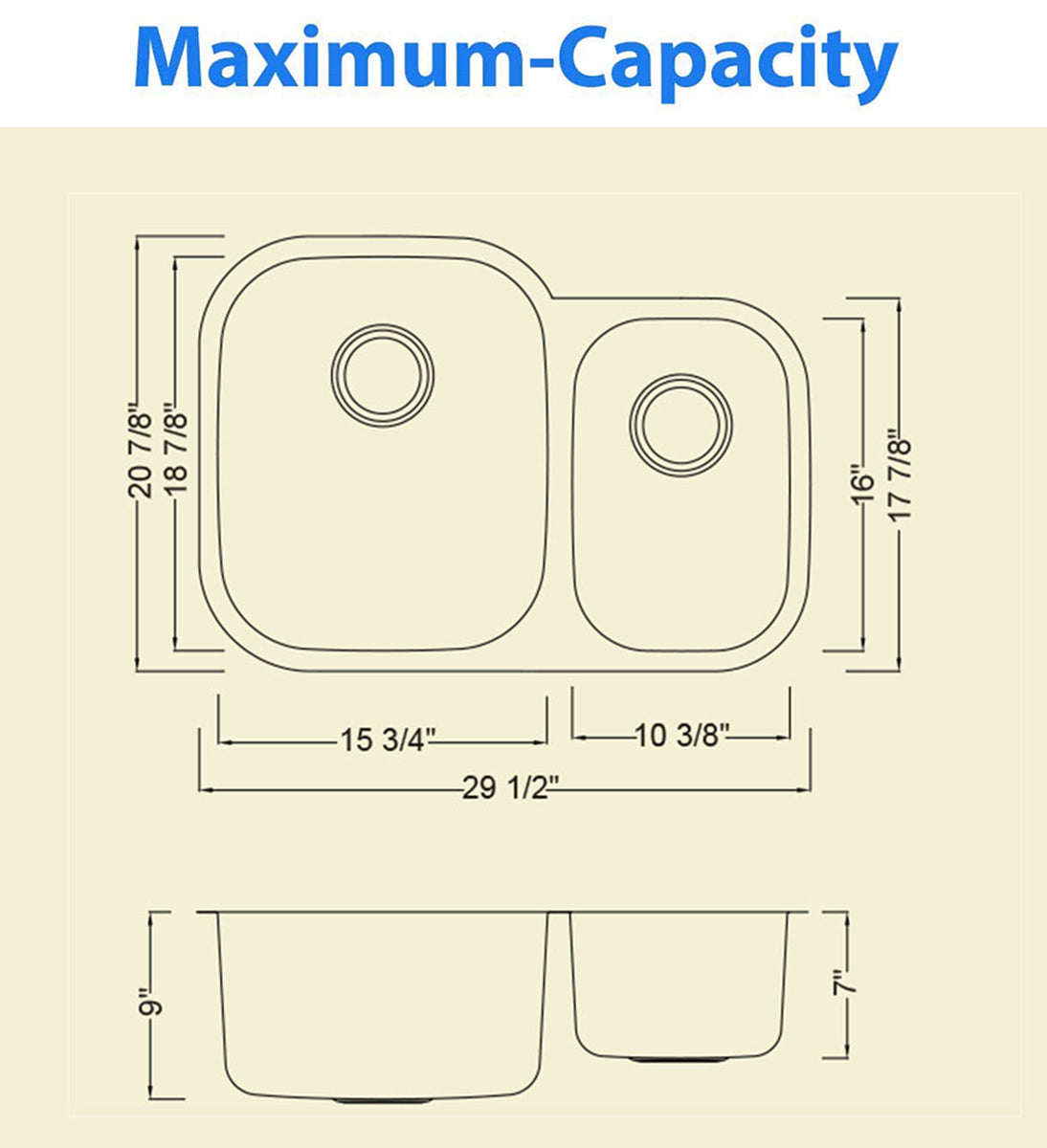 30"x21"x9"x7" Undermount 18 Gauge Stainless Steel Double Bowl Kitchen Sink