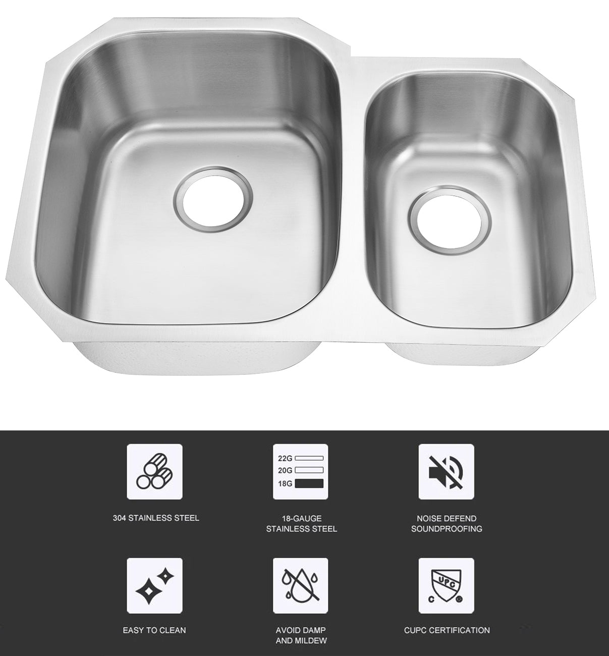 30"x21"x9"x7" Undermount Stainless Steel Double Bowl Kitchen Sink, 18 Gauge - Orlando Product