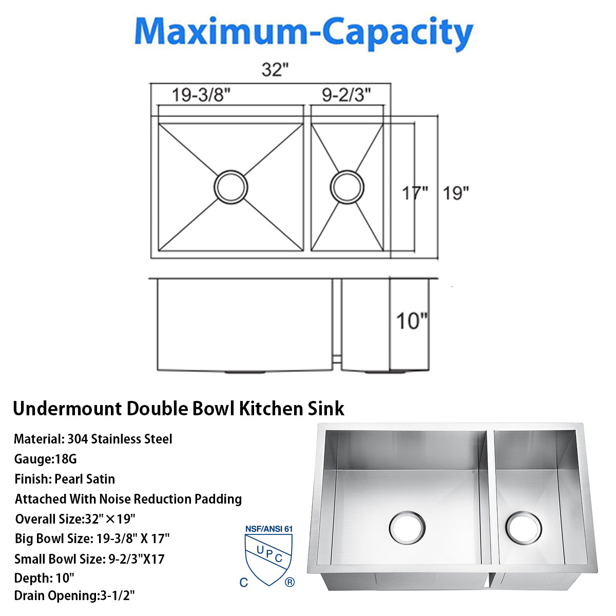 32"x19" Undermount 18 Gauge Stainless Steel Single Bowl Kitchen Sink