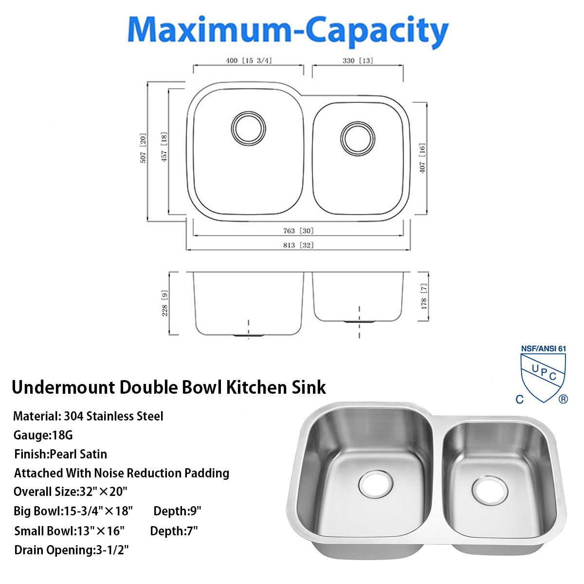 32"x20" Undermount 18 Gauge Stainless Steel Double Bowl Kitchen Sink