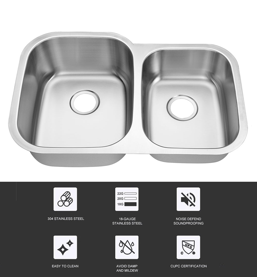 32"x20" Undermount 18 Gauge Stainless Steel Double Bowl Kitchen Sink