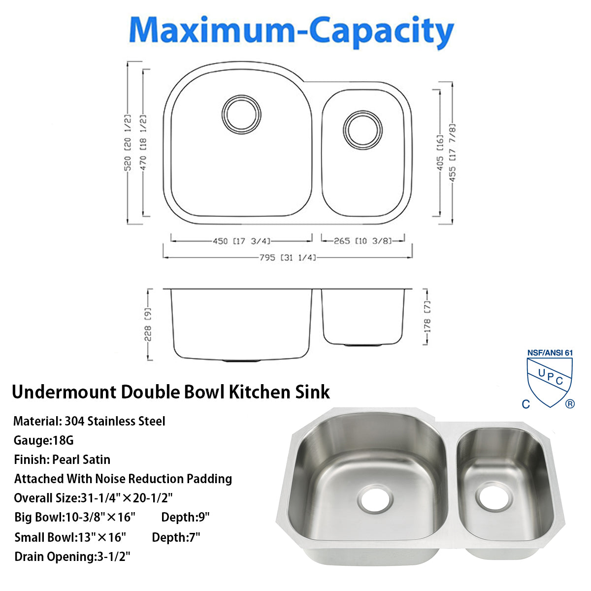 32"x21"x9"x7" Undermount  18 Gauge Stainless Steel Double Bowl Kitchen Sink