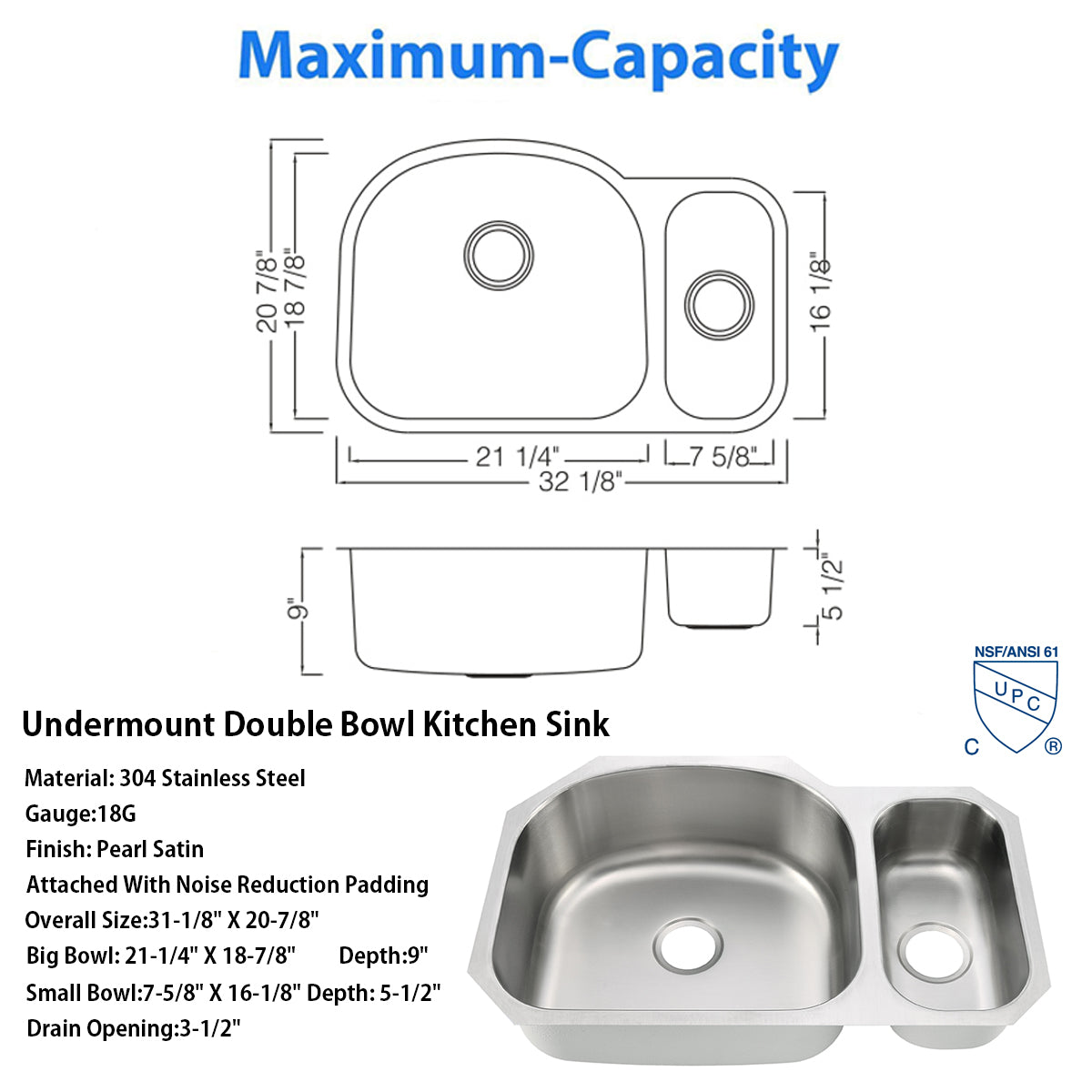 32"x21"x9"x5" Undermount 18 Gauge Stainless Steel Double Bowl Kitchen Sink