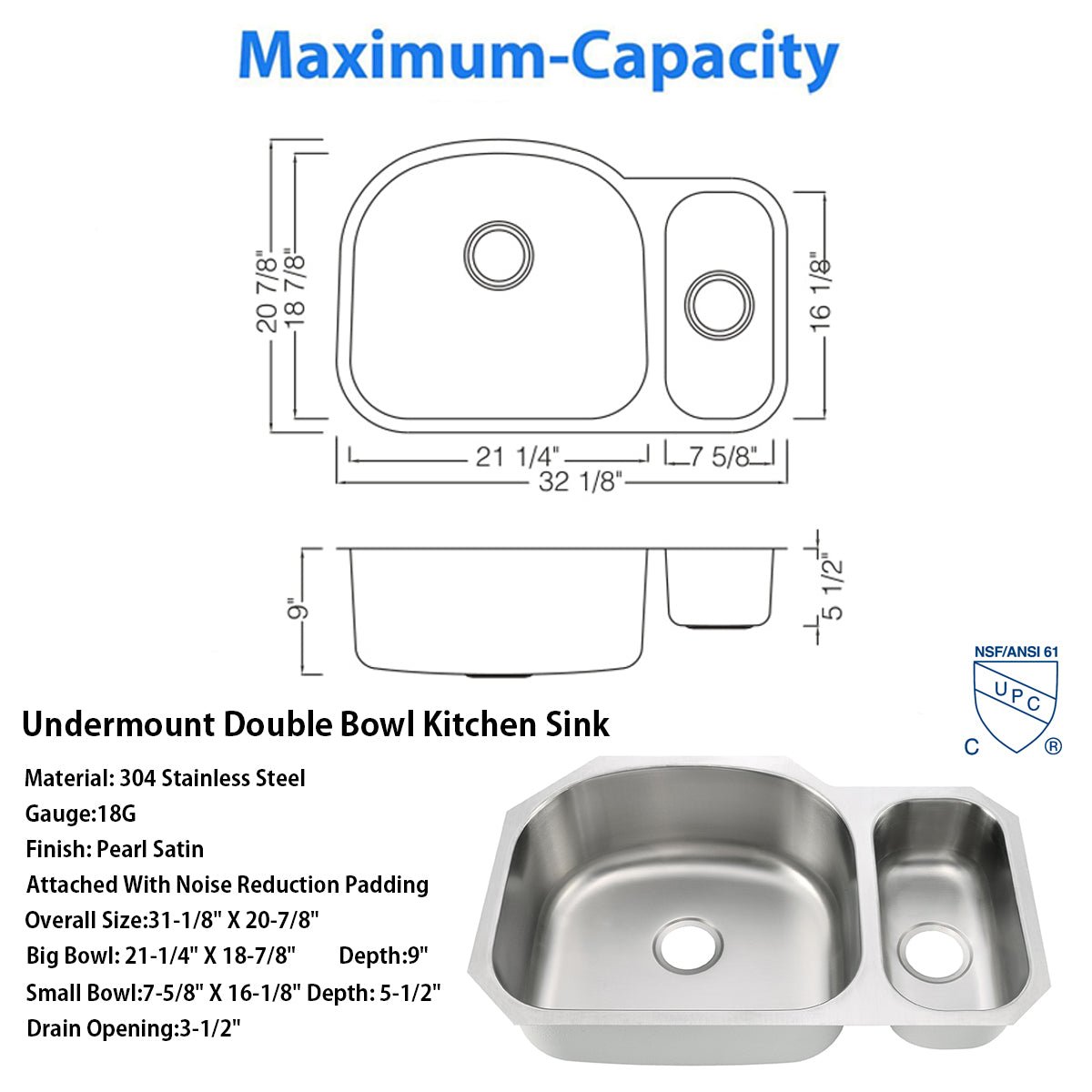 32"x21"x9"x5" Undermount Stainless Steel Double Bowl Kitchen Sink, 18 Gauge - Orlando Product