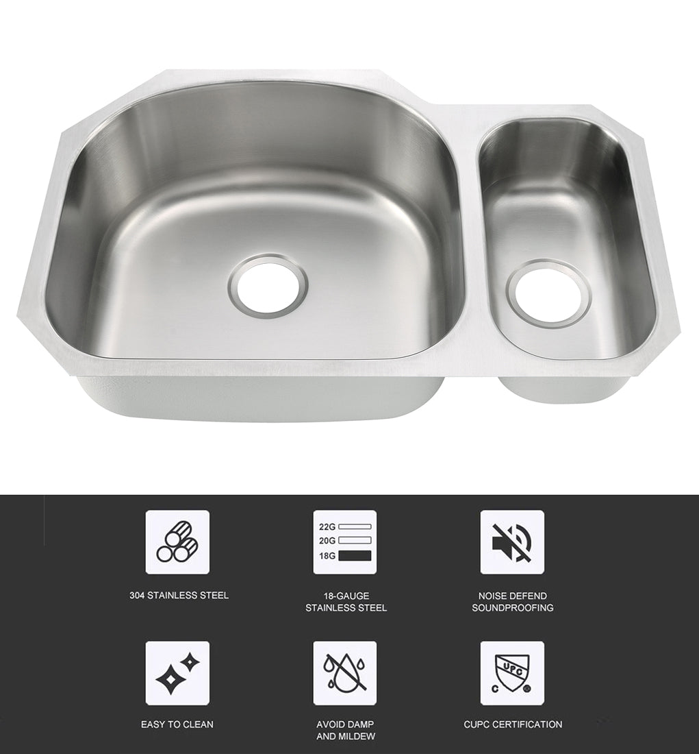 32"x21"x9"x5" Undermount 18 Gauge Stainless Steel Double Bowl Kitchen Sink