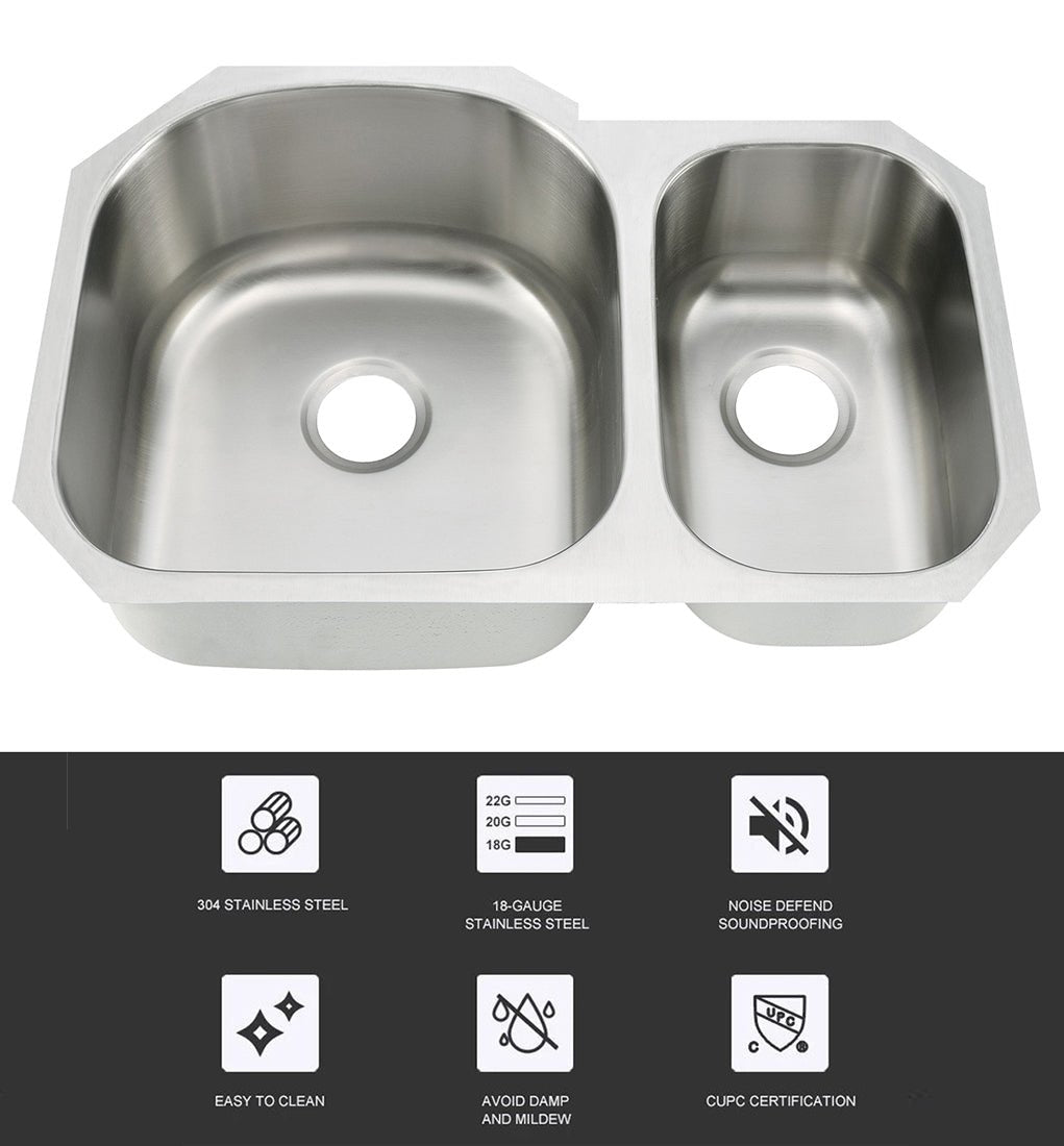 32"x21"x9"x7" Undermount 70/30 Stainless Steel Double Bowl Kitchen Sink, 18 Gauge - Orlando Product