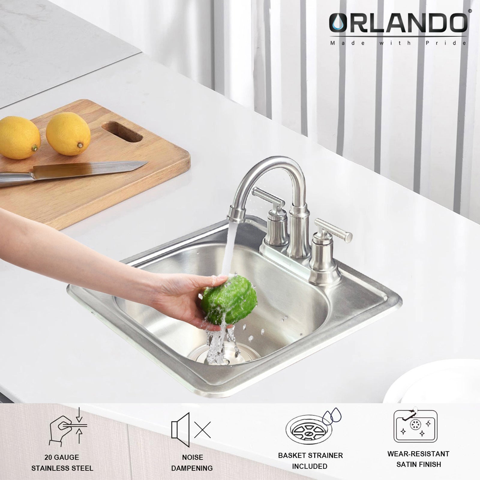 ORLANDO 15 x 15 inch Stainless Steel Drop in kitchen Bar Sink 2 - Hole - Orlando Product
