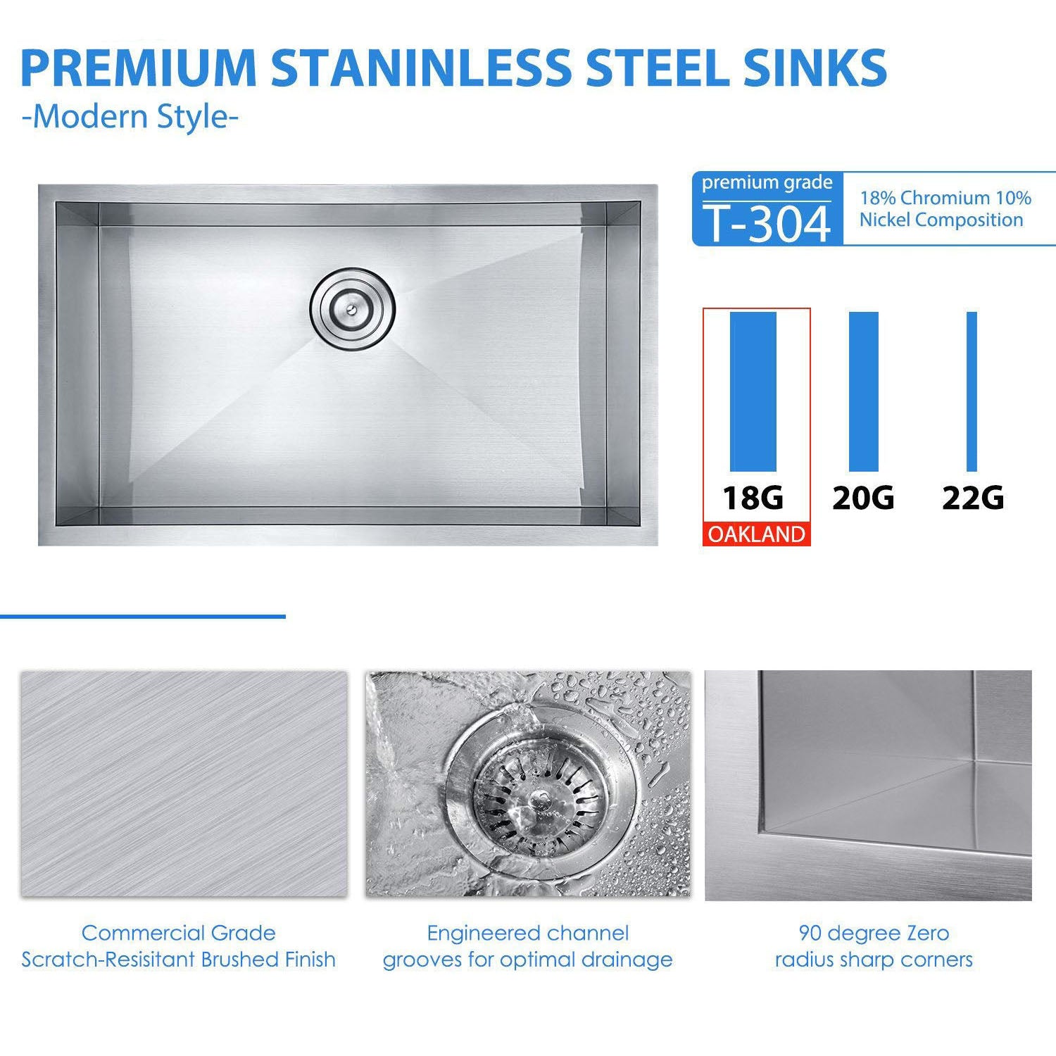 30"x18"x10" Undermount 18 Gauge Stainless Steel Zero Radius Single Bowl Kitchen Sink