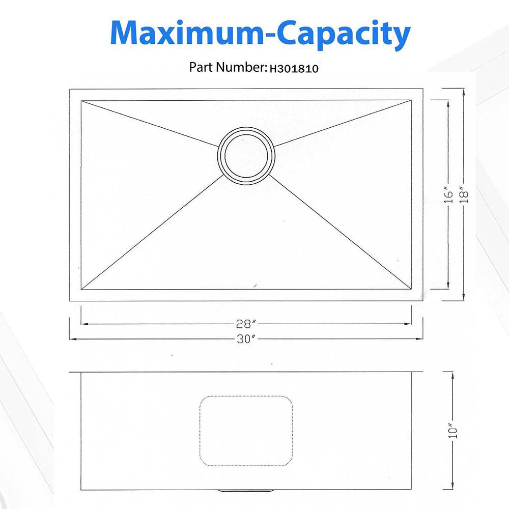 30"x18"x10" Undermount 18 Gauge Stainless Steel Zero Radius Single Bowl Kitchen Sink