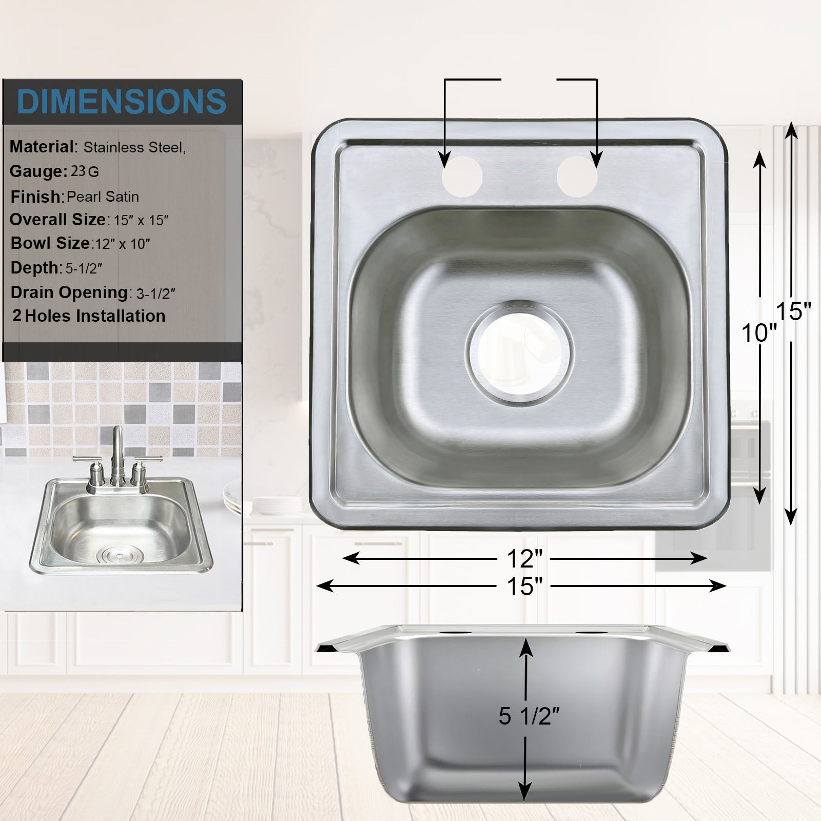 ORLANDO 15 x 15 inch Stainless Steel Drop in kitchen Bar Sink 2 - Hole - Orlando Product