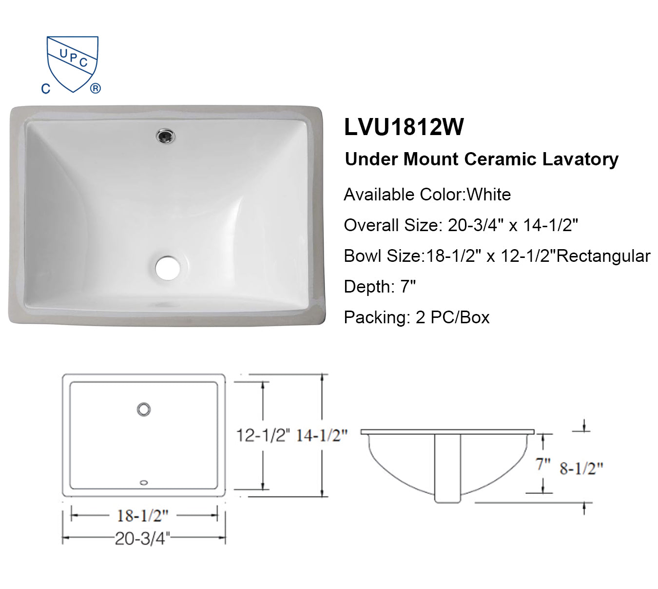 18-1/2"x12-1/2" Rectangle Ceramic Undermount Bathroom Sink 96 PCS