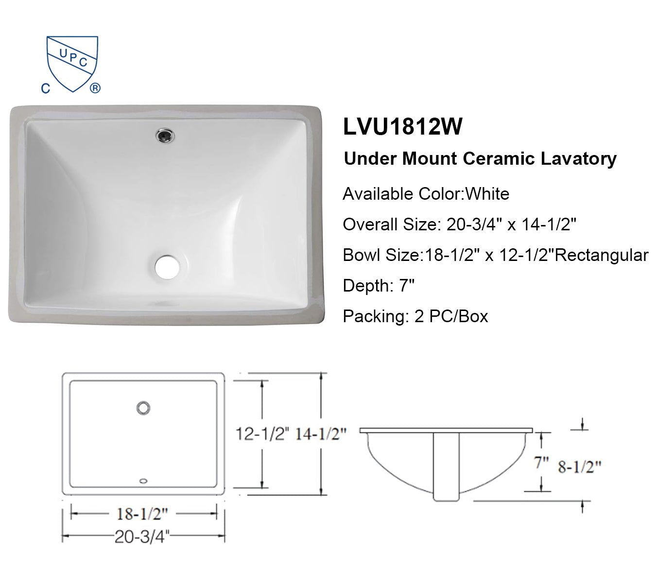 18"x12" Rectangle Ceramic Undermount Bathroom Sink with Overflow - Orlando Product