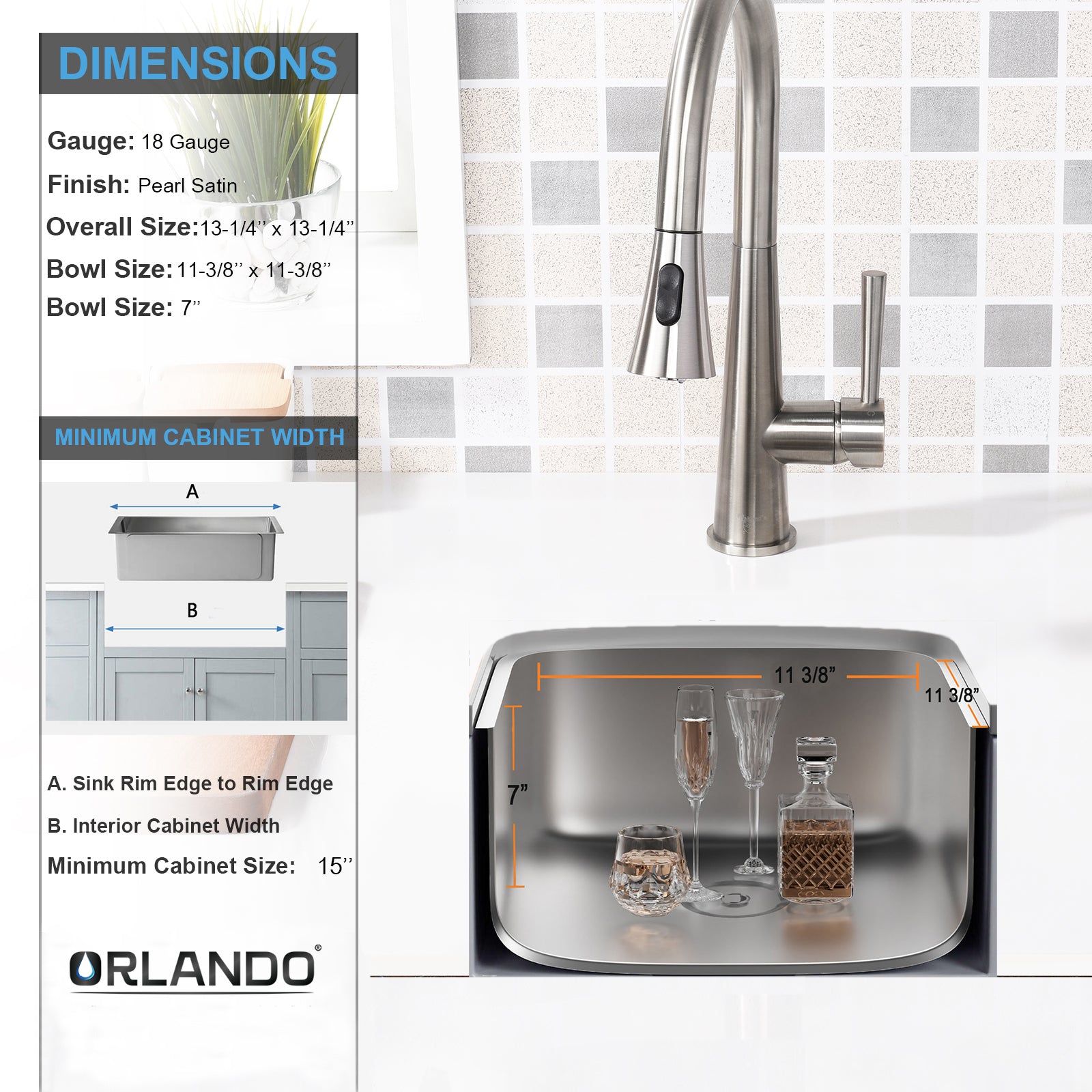 15"x13"x7" Undermount Stainless Steel Single Bowl Kitchen Bar Sink 18 Gauge - Orlando Product