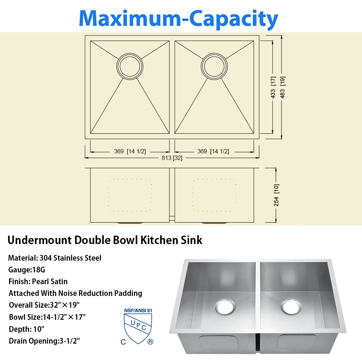 32"x19" Undermount 18 Gauge Stainless Steel 50/50 Double Bowl Zero Radius Kitchen Sink