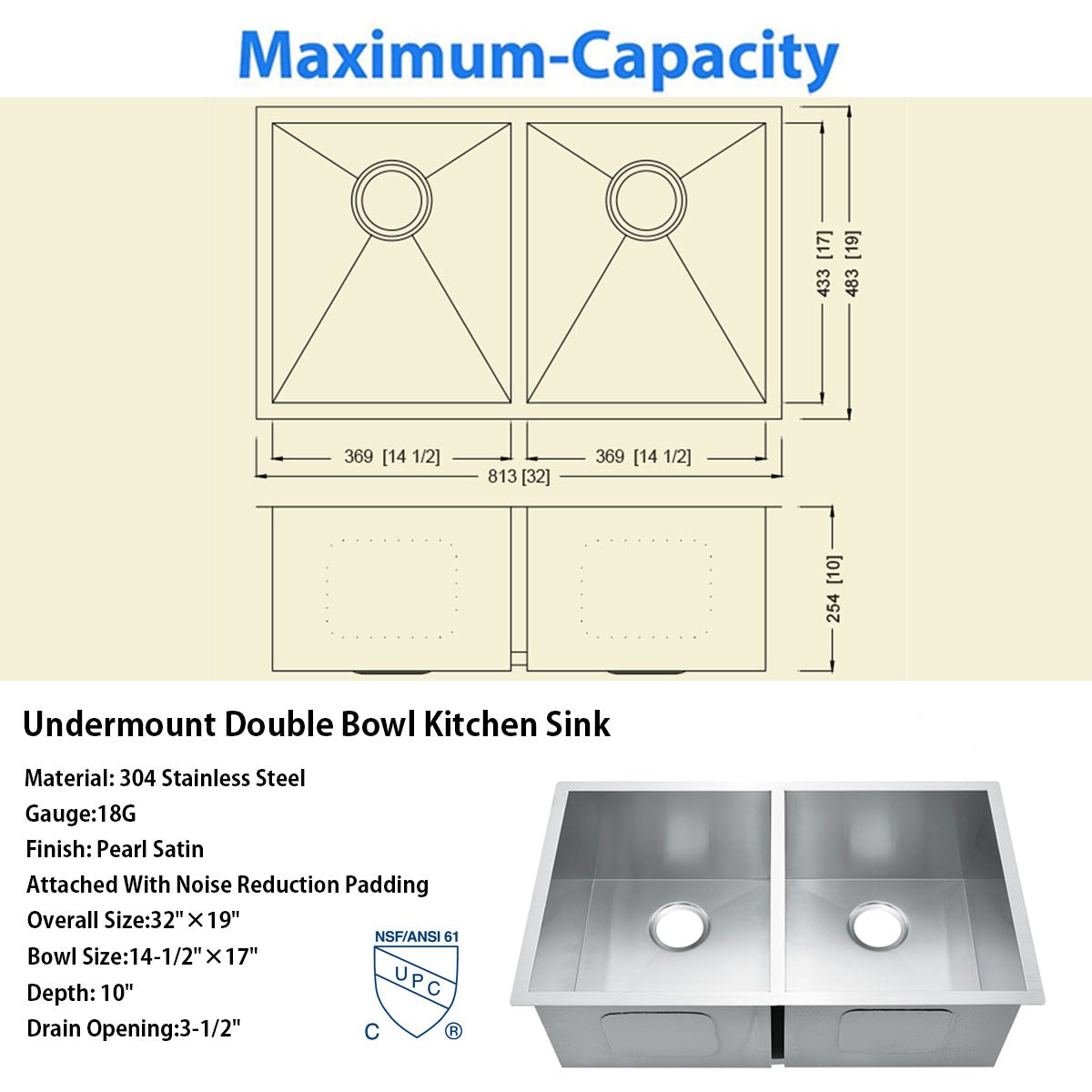 32"x19" Undermount Stainless Steel 50/50 Double Bowl Zero Radius Kitchen Sink, 18 Gauge - Orlando Product
