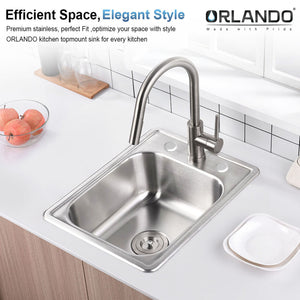 17"x22" Drop - In Topmount Stainless Steel Single Bowl Kitchen Bar Sink 3 - Hole - Orlando Product