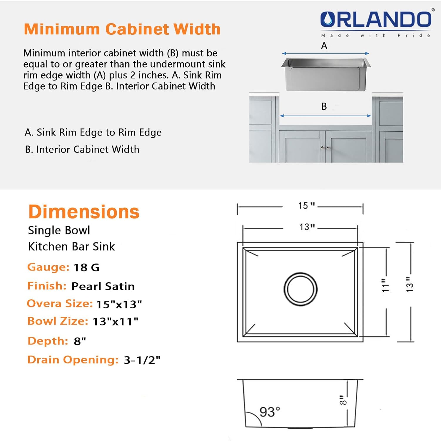 15"x13"x8" Undermount 18 Gauge Stainless Steel Single Bowl Kitchen Bar Sink