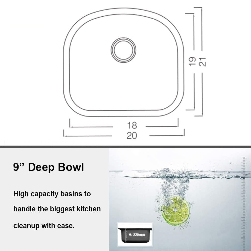 20"x21"x9" Undermount Stainless Steel Single Bowl Kitchen Sink, 18 Gauge - Orlando Product
