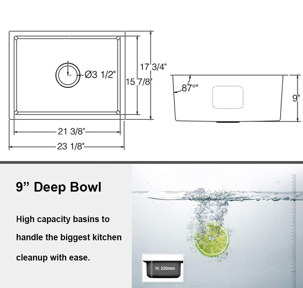 23"x18"x9" Undermount 18 Gauge Stainless Steel Single Bowl Kitchen Sink