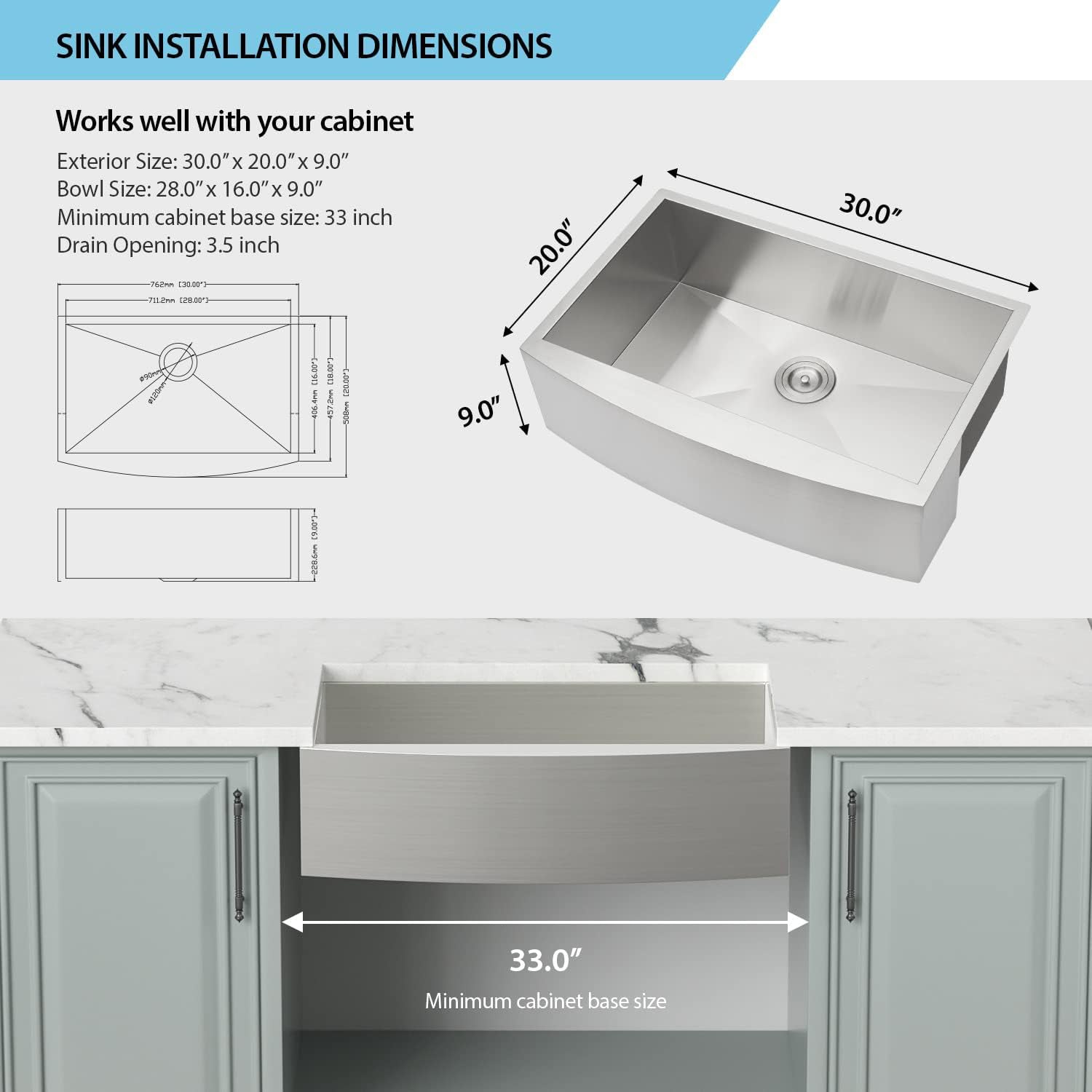 30"x 20"x 9" Zero radius 16 Gauge Stainless Steel Single Bowl Apron Farm Sink