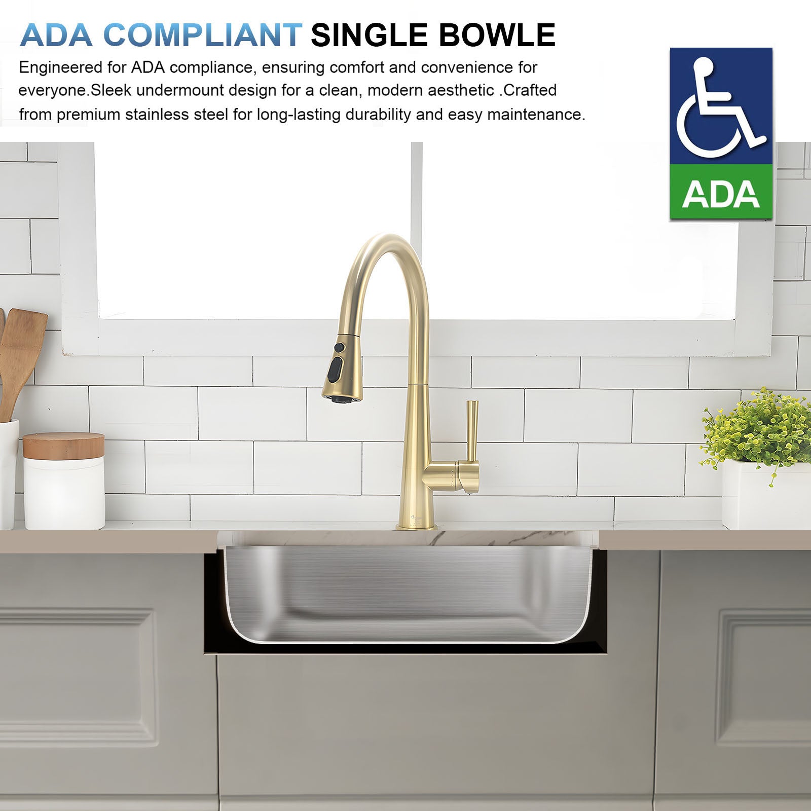 23"x18"x5" Stainless Steel Single Bowl Undermount ADA Sink, 18 Gauge - Orlando Product