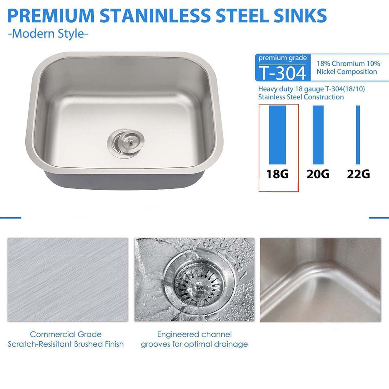 23"x18"x9" Undermount Stainless Steel Single Bowl Kitchen Sink